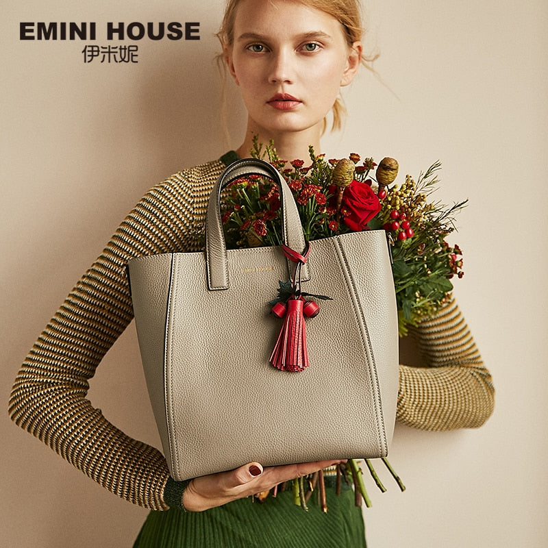 Emini House Genuine Leather Tote Bag With Christmas Tassel Luxury Handbags Women Bags Designer
