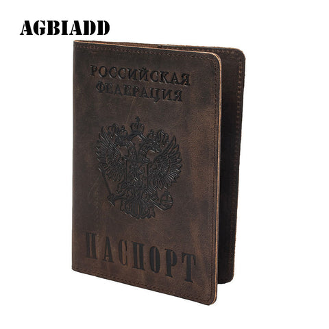 Vintage Natural Crazy Horse Leather Russian Emblem Logo Passport Cover Drop Ship A594 Men Genuine