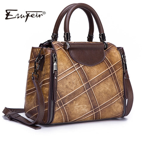 2018 Vintage Design Genuine Leather Women Handbags Satchels Pattern Luxury Women Bags Leather