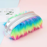 Women Student Faux Fur Laser Zipper Clutch Bag Makeup Cosmetic Pouch Pen Bag