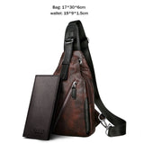 Vicuna Polo Anti-Theft Leather Magnetic Button Open Man Chest Bags With Headphne Hole Brand