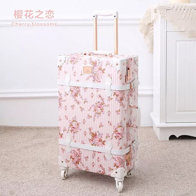 Graspdream Vintage Floral Pu Travel Bag Luggage Sets,13"20"22"24"26" Inch Women Retro Trolley