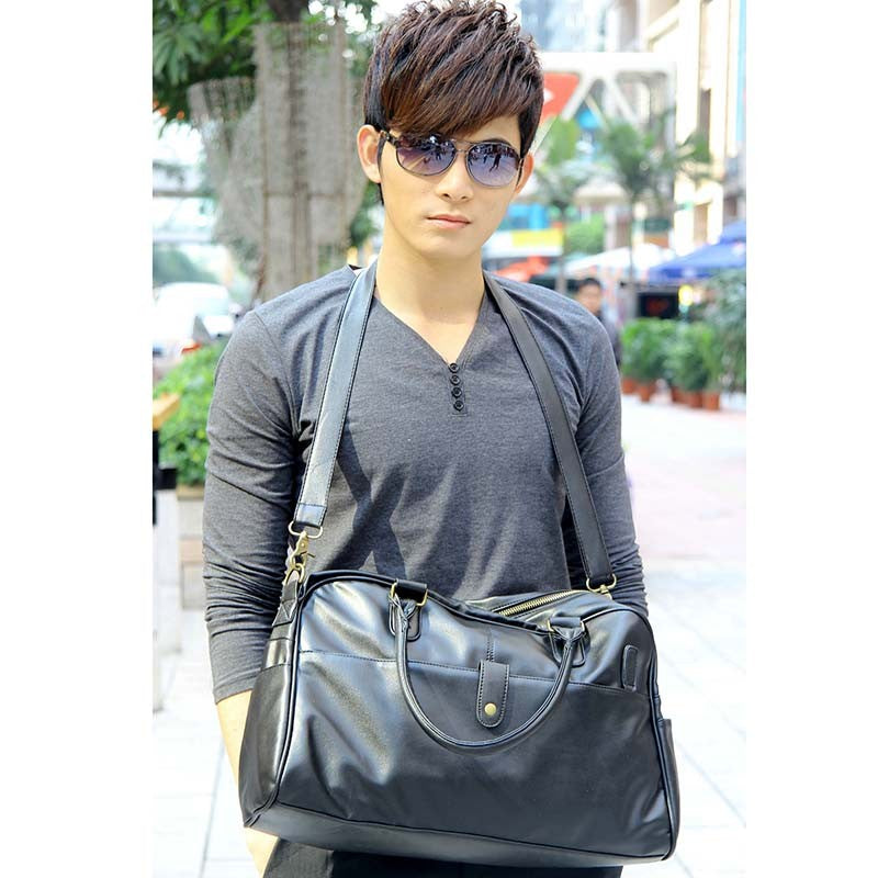 Korean Fashion Men'S Gym Duffle Satchel Travel Shoulder Bag Handbag Pu Leather Black