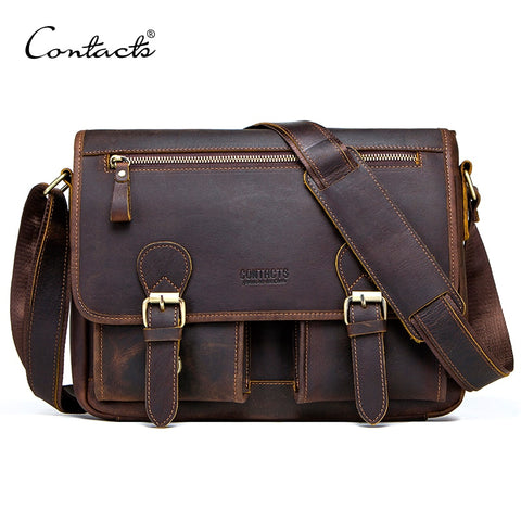 Contact'S Genuine Crazy Horse Cowhide Leather Men Messenger Bag For Laptop Male Vintage Tote