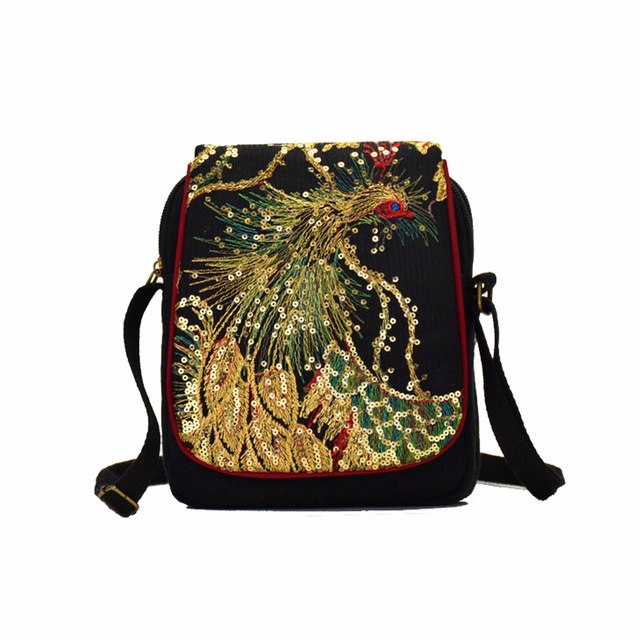 Ethnic Women Messenger Bag Vintage Peacock Embroidery Shoulder Bag Canvas Mobile Phone Small