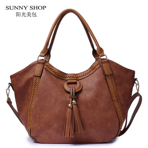 Vintage Knitting Thread Hobos Top Handle Large Capacity Tote Bag Tassel Shoulder Bag Soft Leather