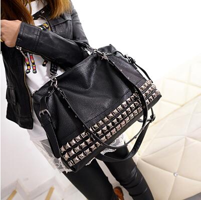 Rivet Women'S Pu Leather Handbag New 2019 Fashion Silver/Black Cowhide Women Messenger Bags One
