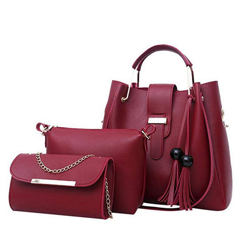 Women 3Pcs/Set Handbags Pu Leather Shoulder Bags Casual Tote Bag Tassel Metal Handle Designer