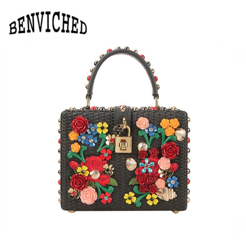 Benviched 2019 Fashion Knitting Luxury Box Bags Diamonds Genuine Leather Women Shoulder Bag Evening