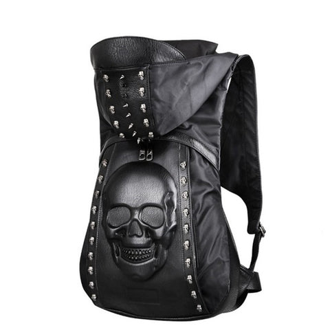 New 2019 Fashion Personality 3D Skull Leather Backpack Rivets Skull Backpack With Hood Cap