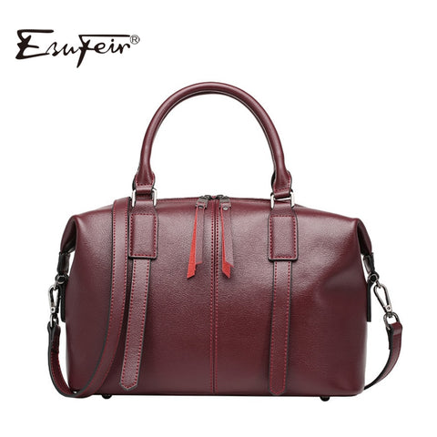 2019 Esufeir Brand Genuine Leather Women Bag Boston Handbag Solid Cowhide Leather Shoulder Bag