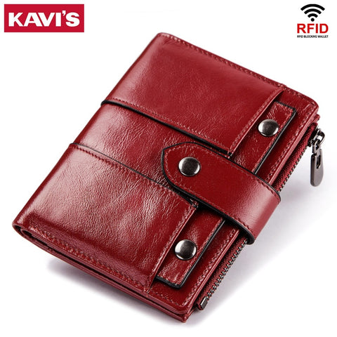 Kavis Genuine Leather Women Wallet Female Red Color Coin Purse Small Walet Portomonee Zipper And