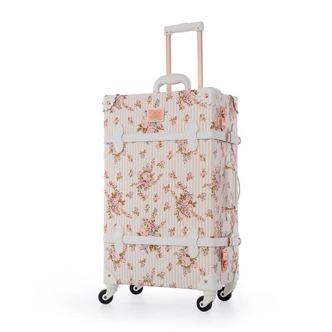 22" 24" 26" Spinner Wheels Retro Pu Leather Floral Suitcase Women Trunk Tsa Vintage Luggage Rolling