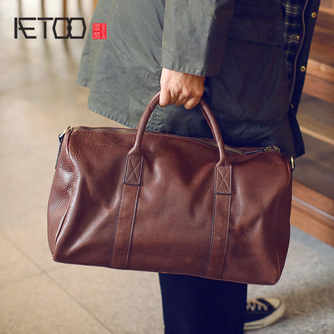 Aetoo Men'S Full Leather Travel Bag Head Cowhide Luggage Bag Men'S Fashion Casual Large Handbag