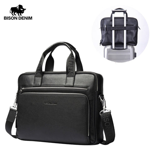 Bison Denim Genuine Leather Men Handbag 17" Laptop Briefcases Large Capacity Men'S Business Bag