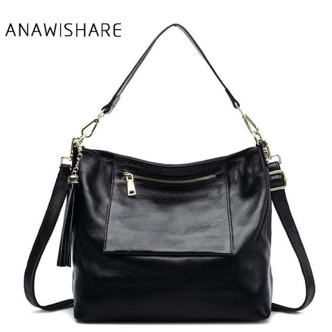 Anawishare Women Genuine Leather Handbag Tassel Real Leather Shoulder Bag Cowhide Ladies Tote Cow