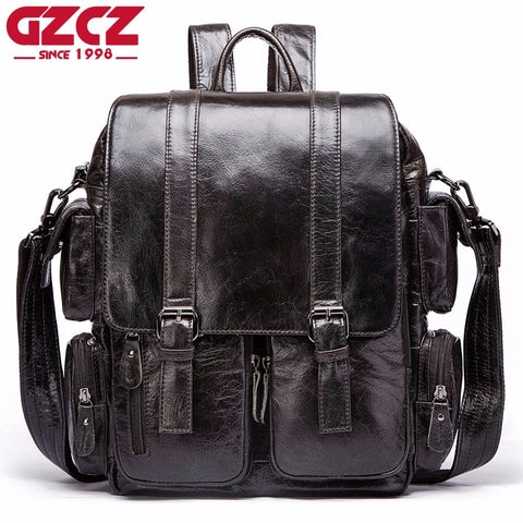 Gzcz 2019 High Quality Men'S Backpack Vintage Genuine Leather Bagpack Multifunction Mochila