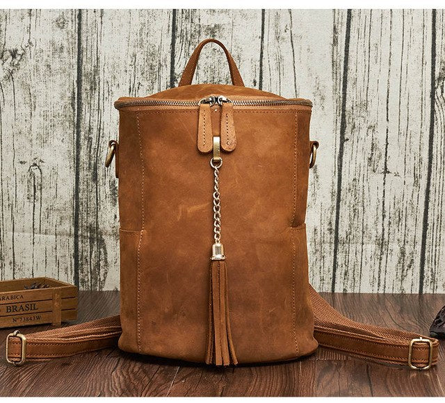 Crazy Horse Cowhide Women Backpack Grils School Daypack Genuine Leather Retro Crossbody Shoulder