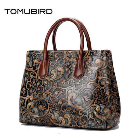 Tomubird 2019 New Women Genuine Leather Bag Brands National Wind Embossed Luxury Women  Tote Bag