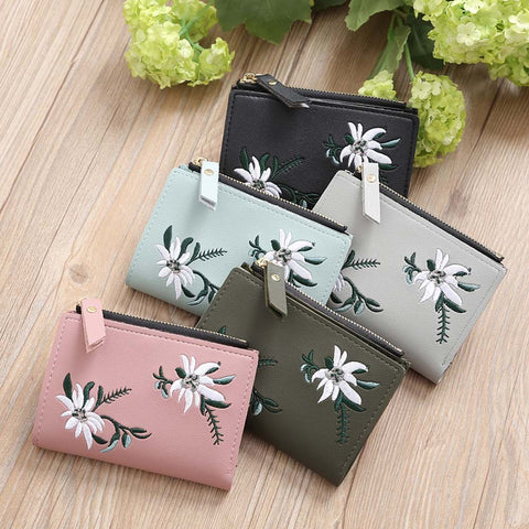 Women Embroidery Zipper Short Wallet Coin Purse Card Holders Handbag