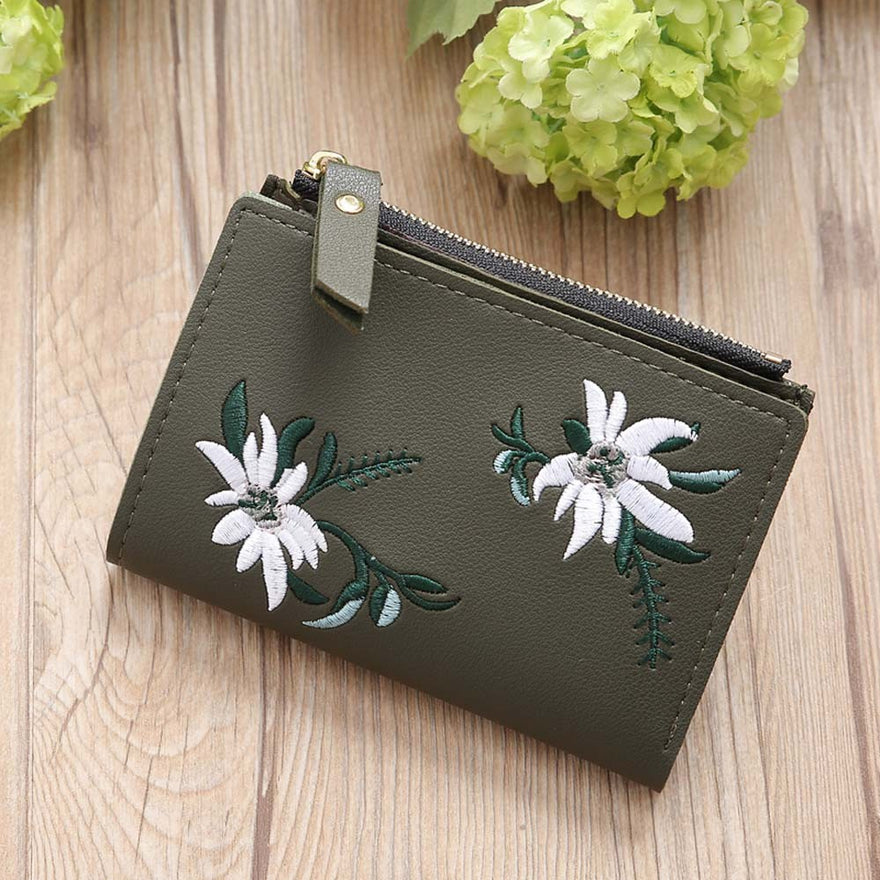 Women Embroidery Zipper Short Wallet Coin Purse Card Holders Handbag