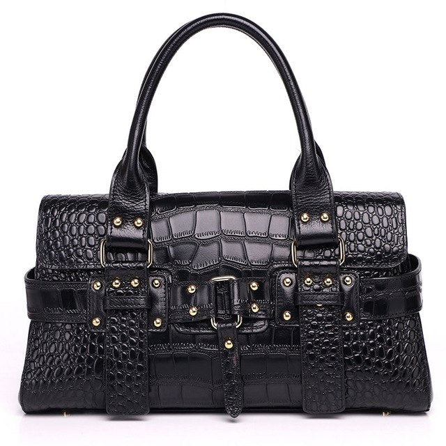 Genuine Leather Women Shoulder Tote Handbag Oil Wax Cowhide Crocodile Pattern Fashion Female