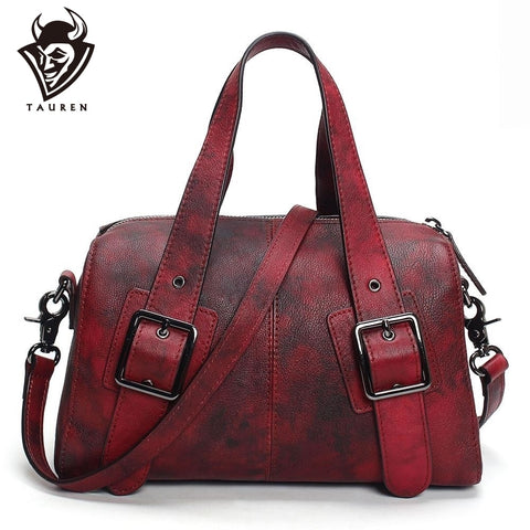 Original Design Genuine Leather Women Handbag Rivet Decoration Totes Cowhide Hand Brush Color