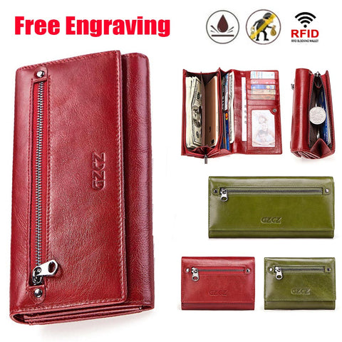 Gzcz Free Engraving Women Genuine Leather Wallets Bifold Rfid Wallet Female Zipper Poucht Long