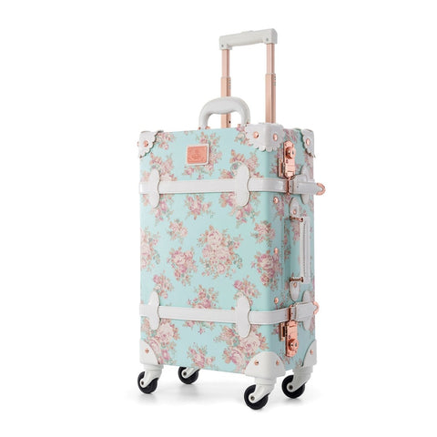 22" 24" Spinner Wheels Retro Pu Leather Blue Floral Suitcase Women Trunk Tsa Vintage Luggage