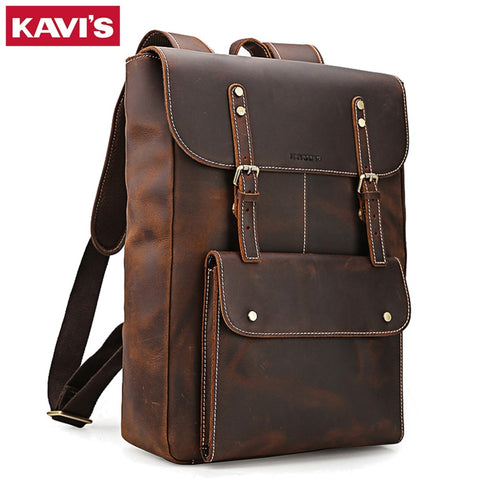 Kavis 100% Genuine Leather Crazy Horse Mens Backpack Large Capacity For Travel Casual School Bag