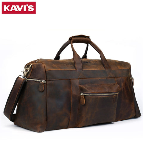 Kavis Crazy Horse Genuine Leather Travel Bag Men Travel Duffel Bag Big Cow Leather Carry On Luggage