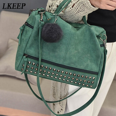 Vintage Pu Leather Women'S Bag Rivet Larger Ladies Handbags Hair Ball Shoulder Bag Motorcycle