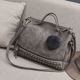 Vintage Pu Leather Women'S Bag Rivet Larger Ladies Handbags Hair Ball Shoulder Bag Motorcycle