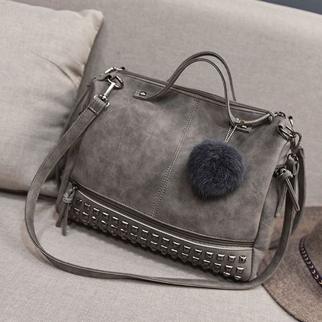 Vintage Pu Leather Women'S Bag Rivet Larger Ladies Handbags Hair Ball Shoulder Bag Motorcycle