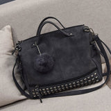 Vintage Pu Leather Women'S Bag Rivet Larger Ladies Handbags Hair Ball Shoulder Bag Motorcycle