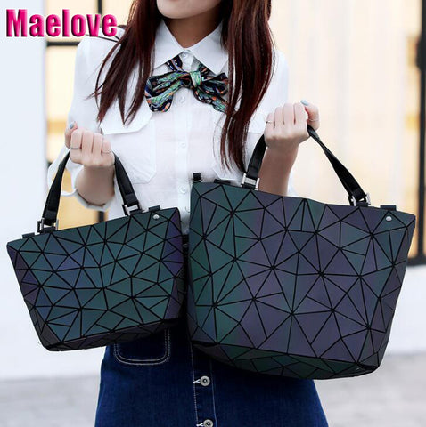 Maelove Luminous Bag Women Geometry Diamond Tote Quilted Shoulder Bags Laser Plain Folding Handbags