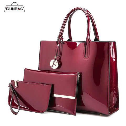3 Sets High Quality Patent Leather Women Handbags Luxury Brands Tote Bag+Ladies Shoulder Bag+Clutch