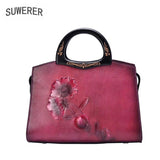 Suwerer 2019 New Women Genuine Leather Bags Handmade Embossing Luxury Leather Tote Shoulder Bag