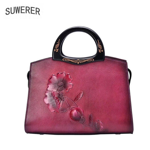 Suwerer 2019 New Women Genuine Leather Bags Handmade Embossing Luxury Leather Tote Shoulder Bag