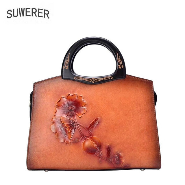 Suwerer 2019 New Women Genuine Leather Bags Handmade Embossing Luxury Leather Tote Shoulder Bag