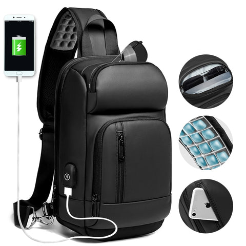 Eurcool Black Chest Packs Men Usb Charging Casual Shoulder Crossbody Bags Water Repellent Travel