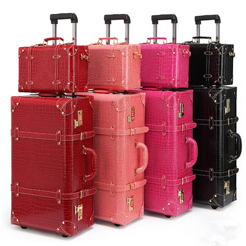 Retro Pu Leather Travel Luggage,13" 22" 24"Korea Vintage Trolley Luggage Bags On Universal