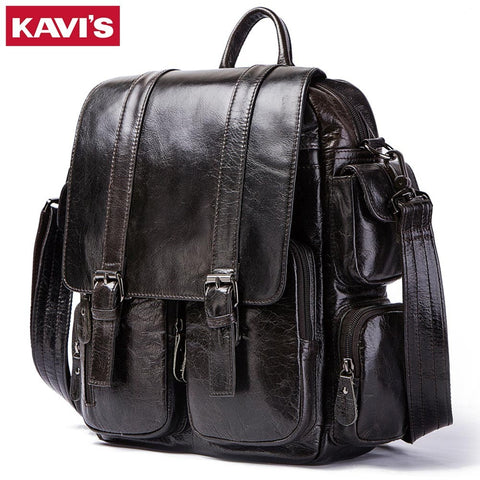 Kavis 2019 New Black 100% Genuine Leather Mens Backpack Large Capacity For Travel Casual School Bag