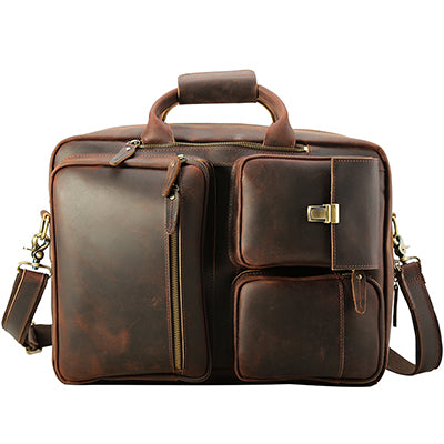 Tianhoo Multifunctional Shoulder Bags 17 Inch Laptop Handle Bag Man Retro Crazy Horse Leather