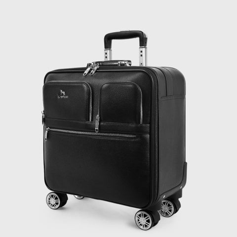 Genuine Leather Black Carry-On Trolley Case,Classic Suitcase, Vintage Trunk,Rolling