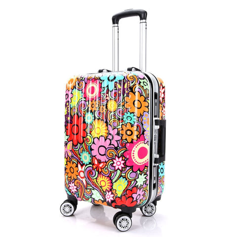 New Woman Multicolor Flower Trolley Case Girls Aluminum Frame Print Travel Suitcase Universal