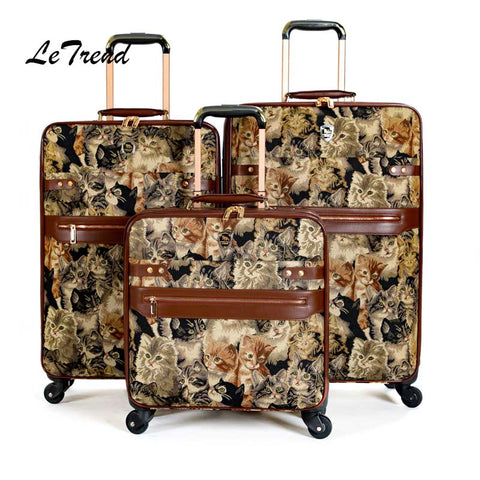 Letrend Cute Cat Student Travel Bag Spinner Rolling Luggage Women Wheel Suitcase Trolley 16 Inch