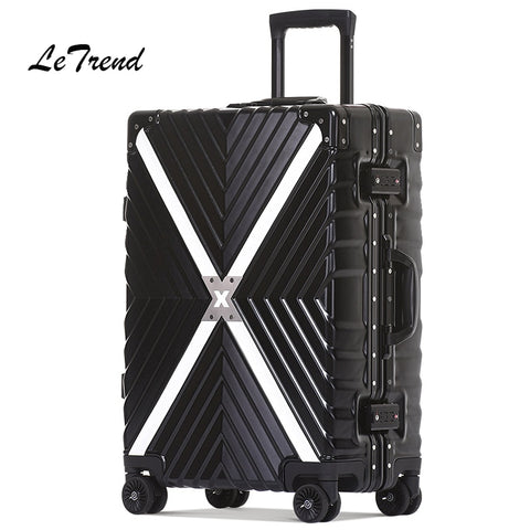 Letrend Aluminium Frame Spinner Rolling Luggage 24 Inch Men Retro Travel Bag Trolley Cabin