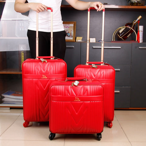 New Arrival!Women'S Red Married Pu Leather Trolley Luggage On Universal Wheels,High Quality Chinese