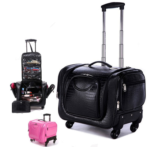 Carrylove Black Crocodile Rolling Luggage 18 Inch Multifunction Pu Leather Suitcase Wheels Women